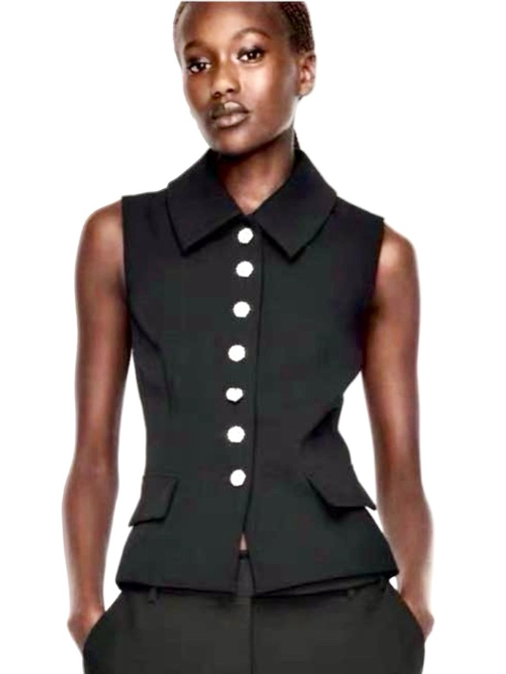 ZARA, Black Collared Vest/Waistcoat with Rhinestone Buttons, Size XL, NEW